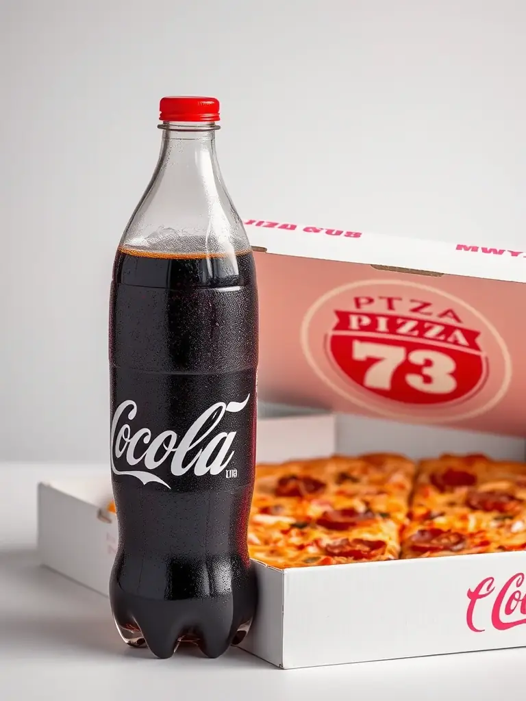 A refreshing glass of cola soda with ice cubes and condensation on the glass, placed next to a gourmet pizza slice on a wooden table.