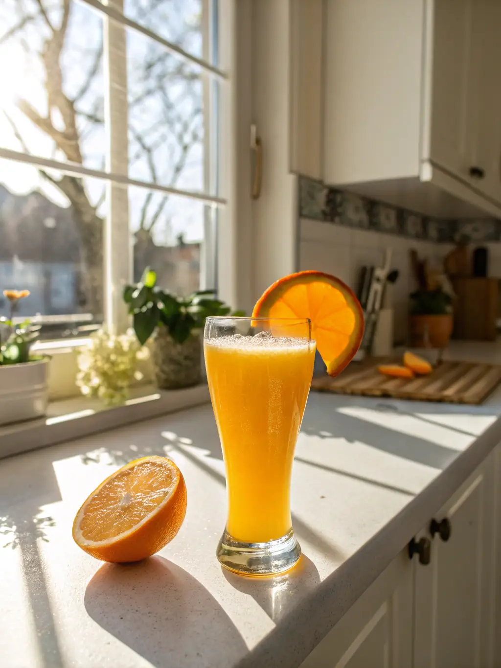A glass of freshly squeezed orange juice with a slice of orange on the rim, set against a bright background with a gourmet pizza in soft focus.