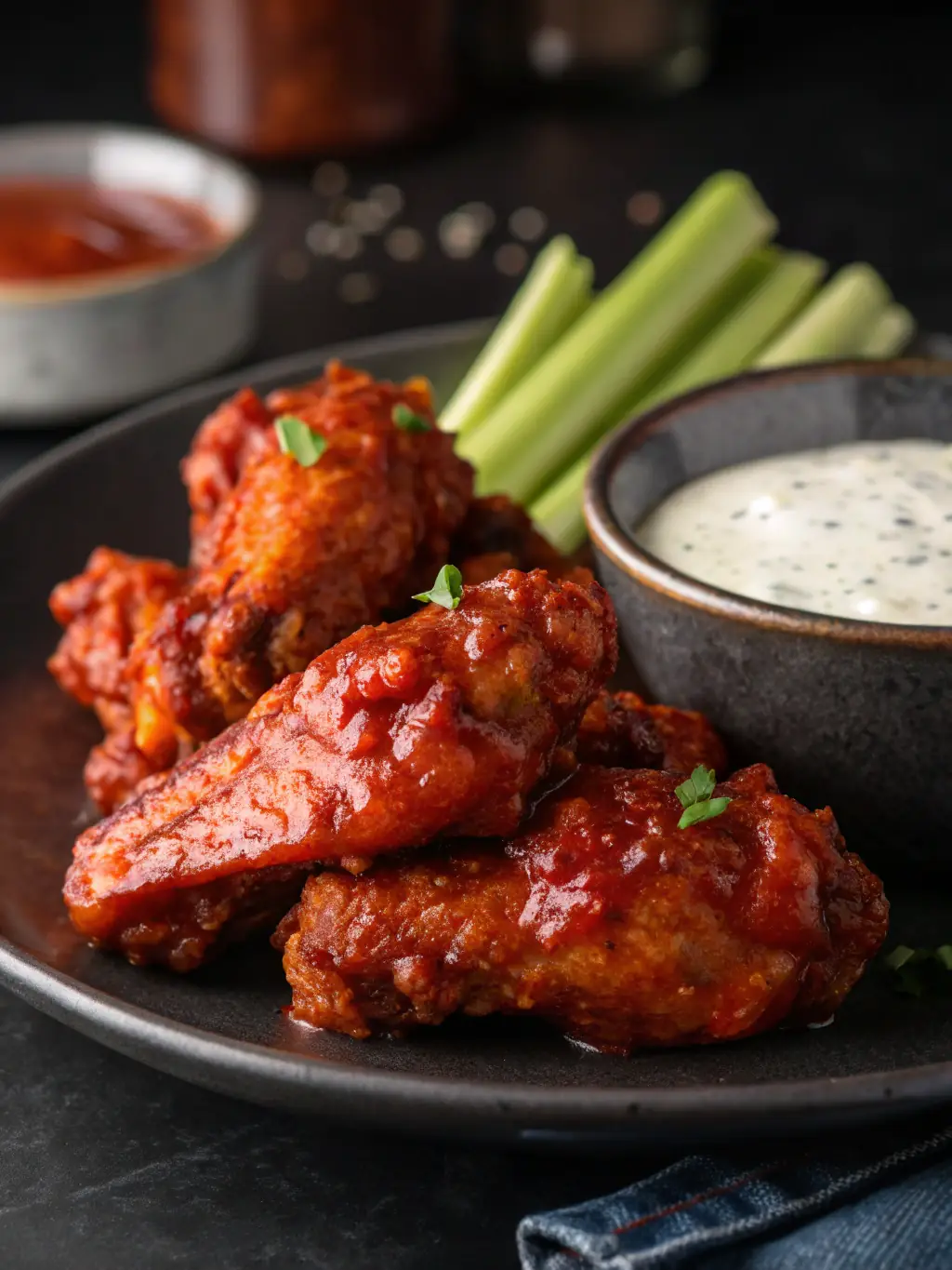 A close-up shot of spicy chicken wings coated in a glossy, vibrant red sauce, arranged artfully on a rustic wooden board with a small bowl of blue cheese dipping sauce.