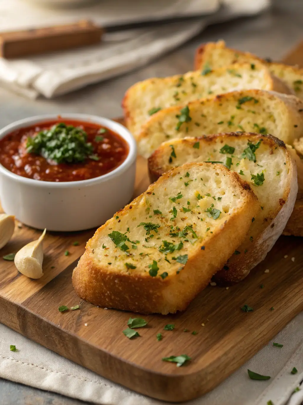 A close-up of warm, golden garlic bread slices, generously topped with melted garlic butter, herbs, and a sprinkle of parmesan cheese, served on a checkered napkin.
